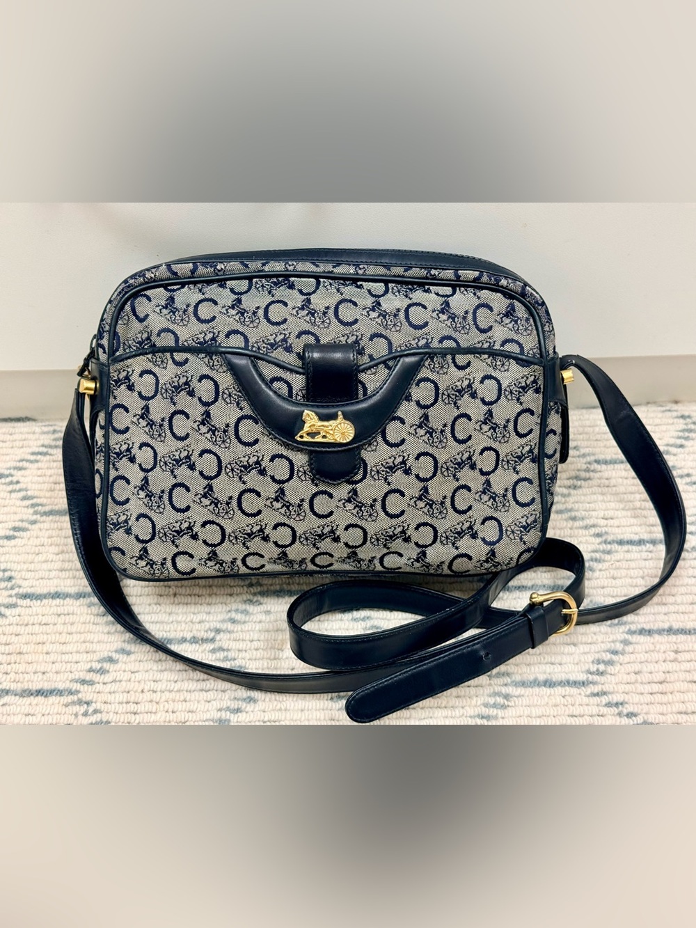 CELINE Vintage 80’s Navy C Sulky Canvas Monogram Carriage Adjust. Crossbody